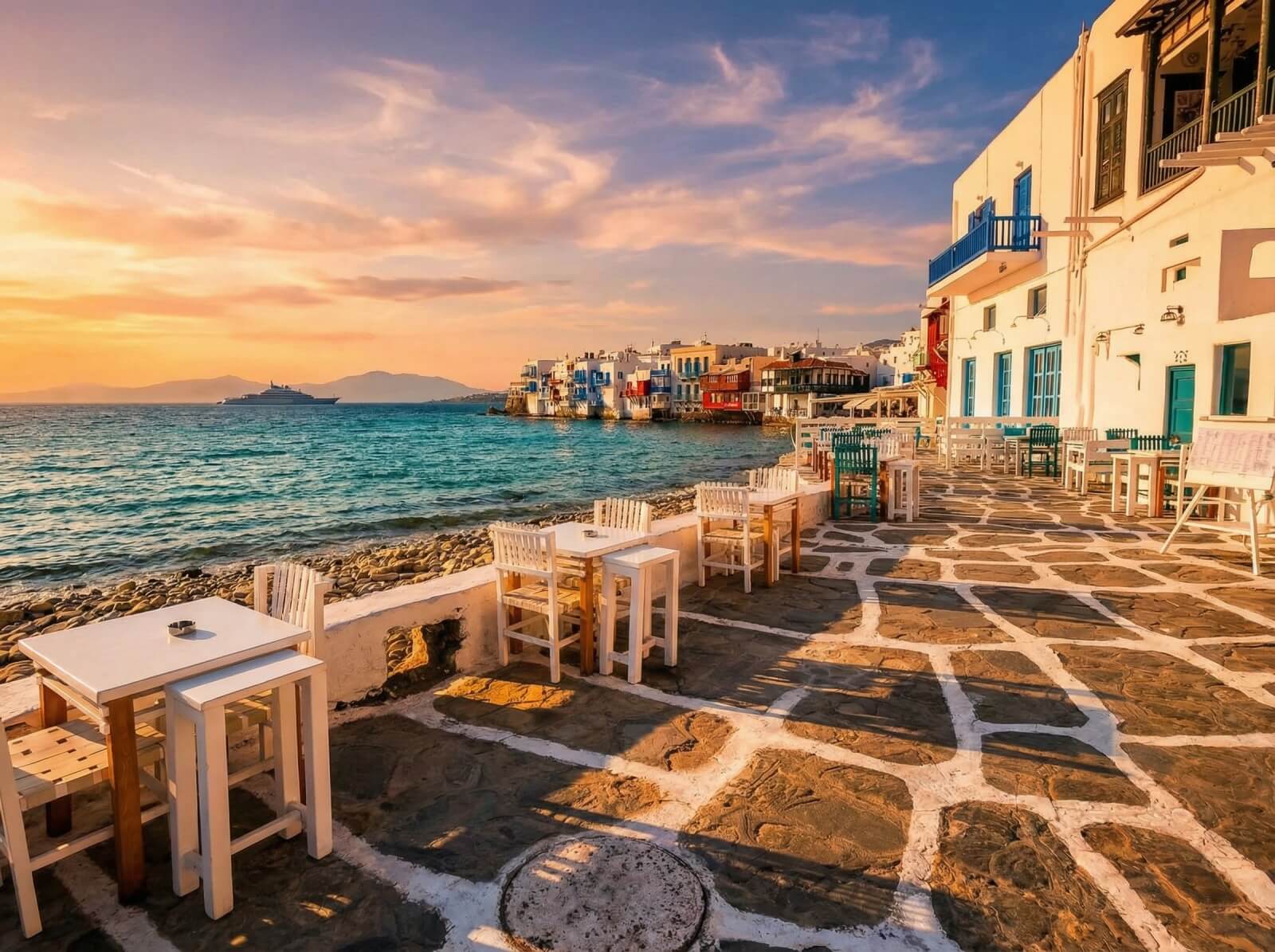 Little Venice Mykonos waterfront with colourful balconies at sunset